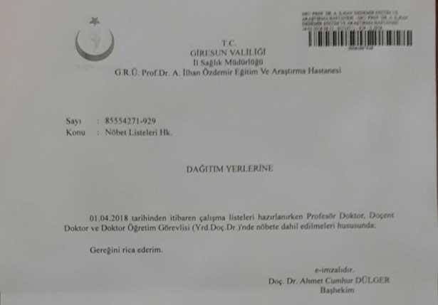 Başhekim talimatı: Profesör, doçent ve uzman hekimler eşit sayıda nöbet tutacak