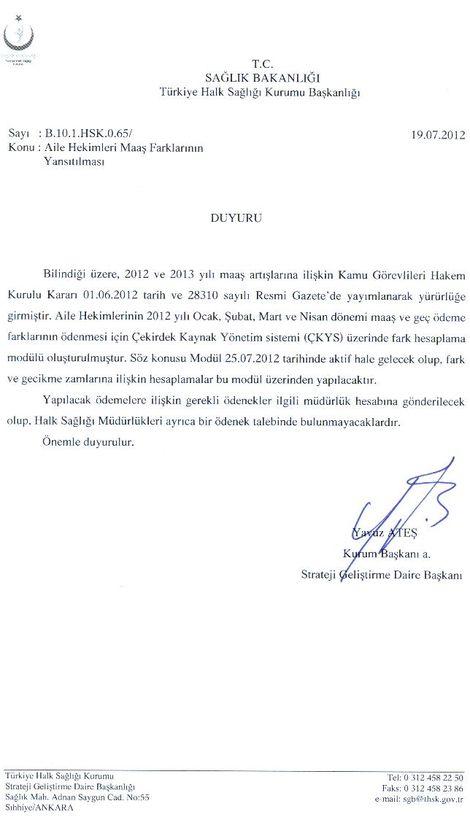 Aile Hekimleri maaş farklarının yansıtılması ile ilgili duyuru