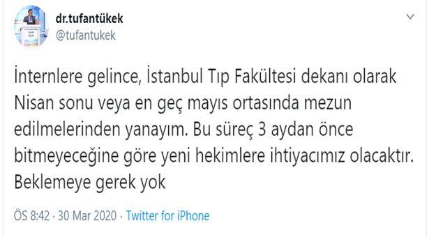 İstanbul Üniversitesi Tıp Fakültesi dekanı: İnternler erken mezun edilmeli