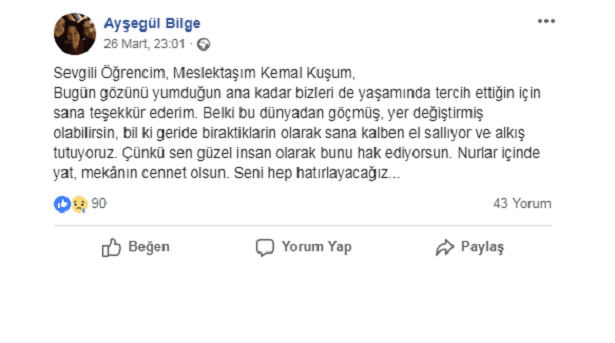 Ölen hemşire için fakülte hocasının notu:'Sana kalben el sallıyor ve alkış tutuyoruz'