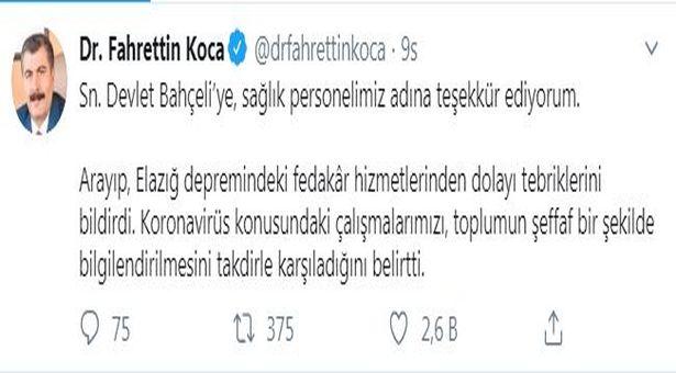 Bakan Koca'dan sağlık ekiplerini tebrik eden Bahçeli'ye teşekkür mesajı