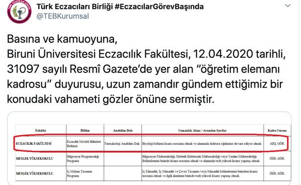 TEB'den Farmakoloji Anabilim Dalı'nda biyoloji mezunu öğretim elemanı kadrosuna tepki
