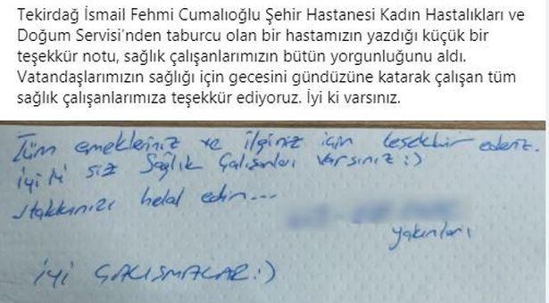 Sağlık çalışanlarına bırakılan teşekkür notu duygulandırdı