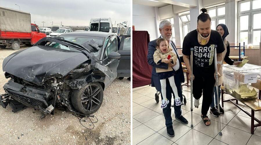 Önceki gün kazada yaralanan doktor, koltuk değnekleriyle oy kullandı