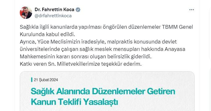 Bakan Koca'dan kanun teklifinin kabulüne ilişkin 'teşekkür' paylaşımı