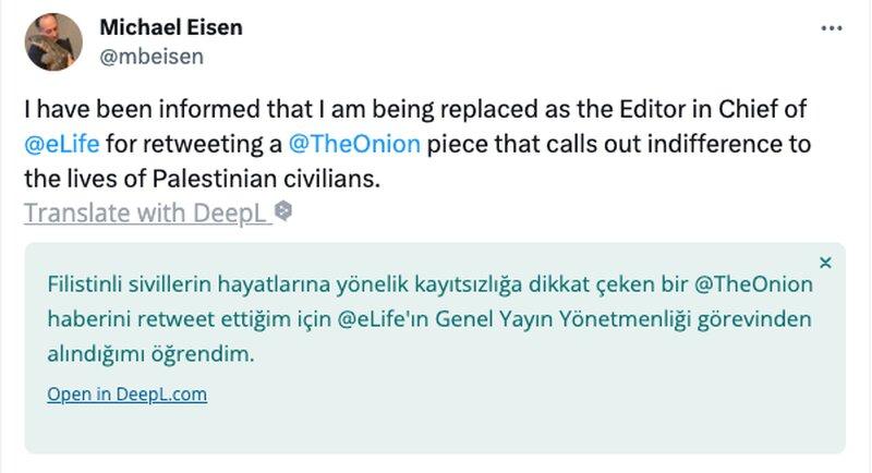 Filistin yanlısı bir retweet yaptı, dergi editörlüğünden alındı!